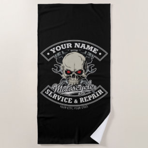 Toalla De Playa NOMBRE Personalizado Biker Mechanic Skull Motorcyc