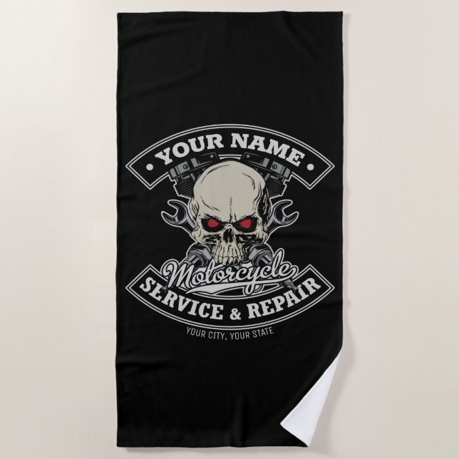 Toalla De Playa NOMBRE Personalizado Biker Mechanic Skull Motorcyc (Anverso)