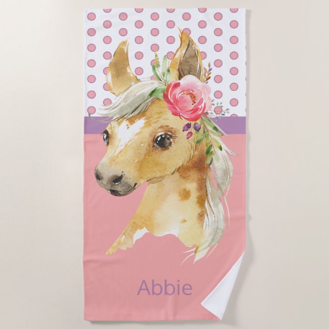 Toalla De Playa Nombre personalizado Chica de Pony Rosa (Anverso)
