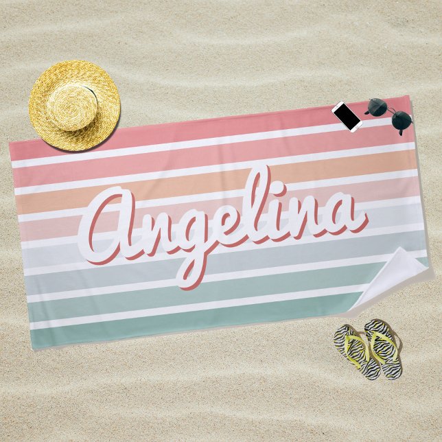 Toalla De Playa Nombre personalizado de banda rosa y azul retro (Subido por el creador)