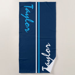 Toalla De Playa Nombre personalizado de franja azul, azul y blanca