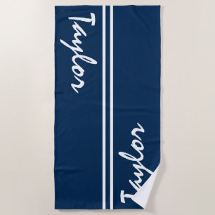 Toalla De Playa Nombre personalizado de franja blanca y azul de la