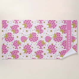 Toalla De Playa Nombre personalizado de fresas rosadas