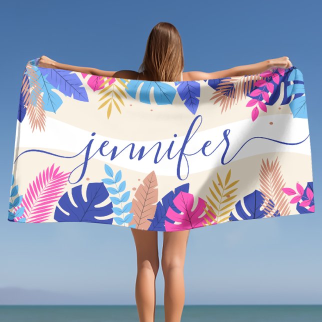 Toalla De Playa Nombre personalizado de hojas tropicales brillante (Minimalist Bright Tropical Leaves Custom Name Beach Towel)
