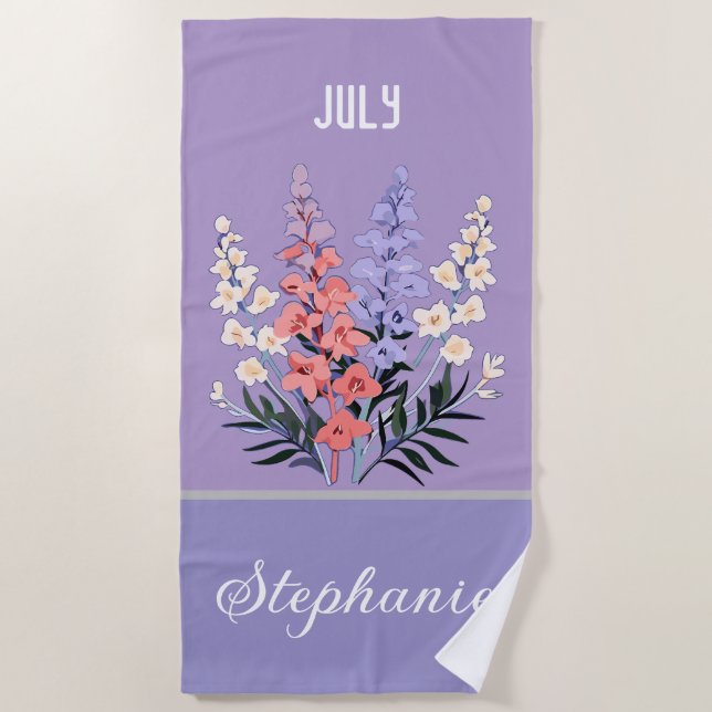 Toalla De Playa Nombre personalizado de la flor de nacimiento de j (Anverso)