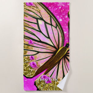 Toalla De Playa Nombre personalizado de la mariposa dorada y rosad