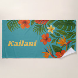 Toalla De Playa Nombre personalizado de la palma floral tropical h