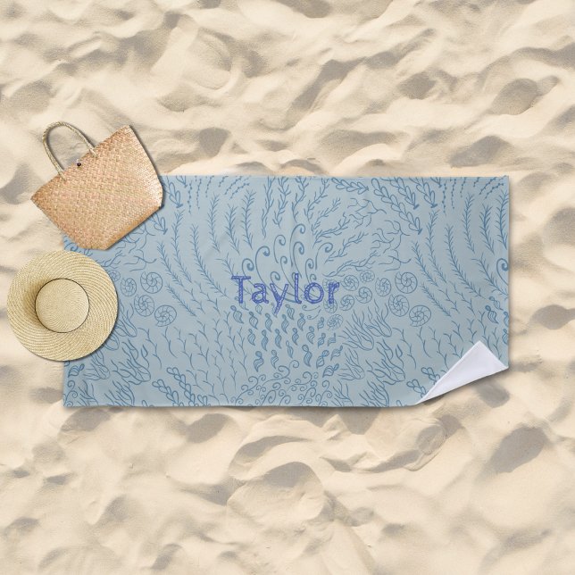 Toalla De Playa Nombre personalizado de la playa de la concha de t (Blue Ocean Scene Beach Towel)