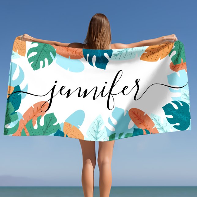 Toalla De Playa Nombre personalizado de las hojas tropicales brill (Bright Tropical Leaves Personalized Name Beach Towel)
