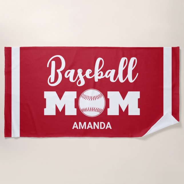 Toalla De Playa Nombre personalizado de mamá de béisbol (Anverso)