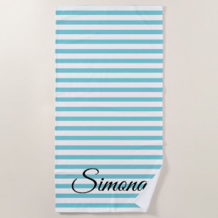 Toalla De Playa Nombre personalizado de patrón rayado azul turques