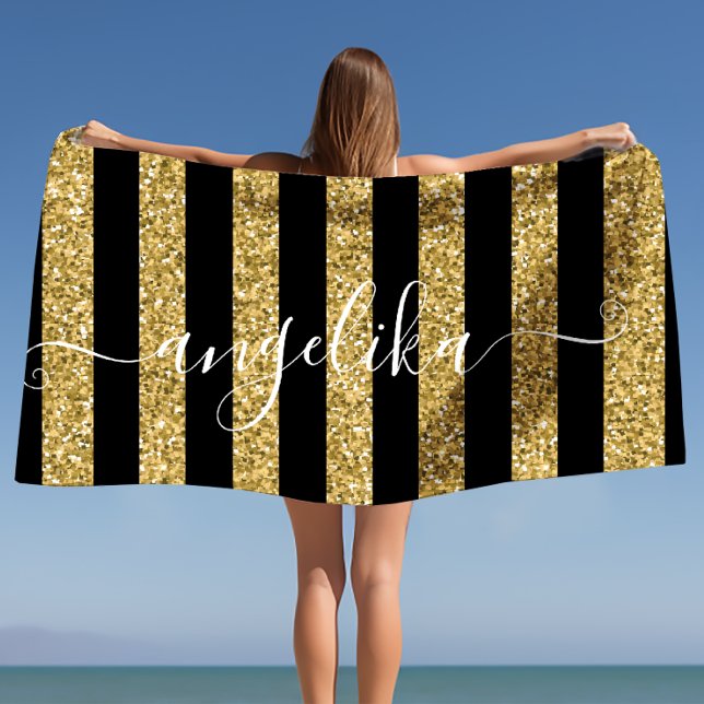 Toalla De Playa Nombre personalizado del guión de rayas de Purpuri (Black and Gold Glitter Stripes Script Custom Name Beach Towel)