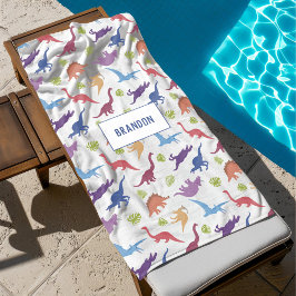 Toalla De Playa Nombre personalizado del patrón de dinosaurio infa