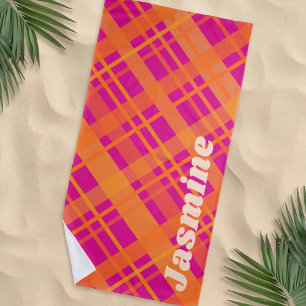 Toalla De Playa nombre personalizado del patrón de plaid magenta d