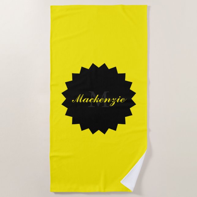 Toalla De Playa Nombre personalizado e inicial en amarillo soleado (Anverso)