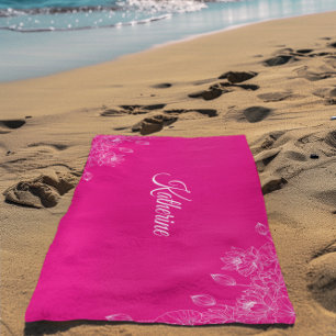 Toalla De Playa Nombre personalizado Flor de Loto Rosa Fucsia