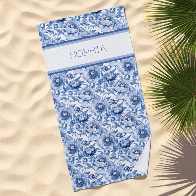 Toalla De Playa Nombre personalizado Flor Delicada Floral Azul Bot (Custom Name Botanical Blue Floral Delicate Flower Beach Towel)