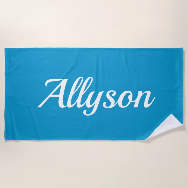 Toalla De Playa Nombre personalizado, guión blanco / azul (Anverso)