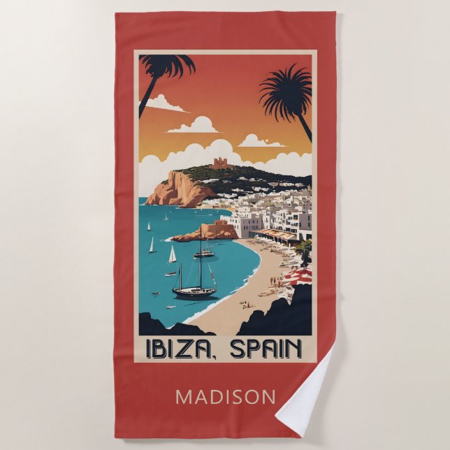 Toalla De Playa Nombre personalizado Ibiza, póster de viaje de Esp (Anverso)