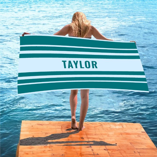 Toalla De Playa Nombre personalizado Luna de miel de rayas blancas (Custom Name White & Blue Striped honeymoon Beach Towel)