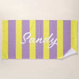 Toalla De Playa Nombre personalizado moderno amarillo y púrpura
