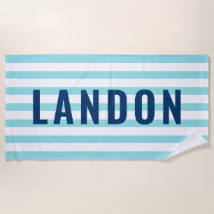 Toalla De Playa Nombre personalizado moderno Navy Aqua Striped