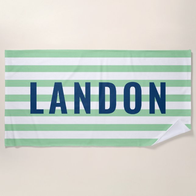 Toalla De Playa Nombre personalizado moderno Navy Green Striped (Anverso)