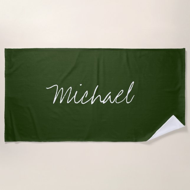 Toalla De Playa Nombre personalizado Oscuro Moss Verde (Anverso)