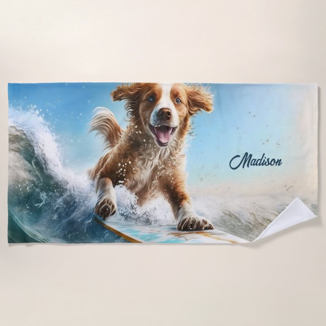 Toalla De Playa Nombre personalizado Perro de Surfing (Anverso)