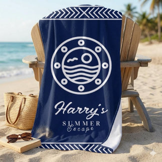 Toalla De Playa Nombre personalizado Porthole náutico azul marino 