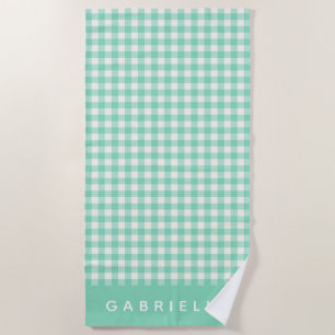 Toalla De Playa Nombre personalizado Retro Mint Green Gingham Plai