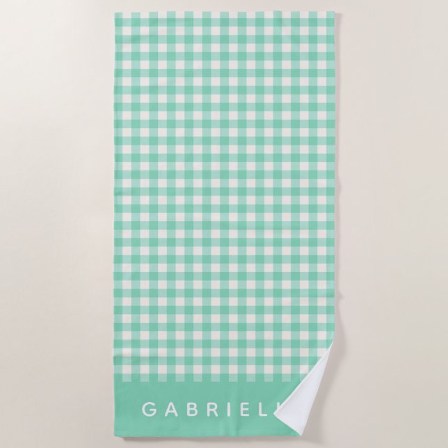 Toalla De Playa Nombre personalizado Retro Mint Green Gingham Plai (Anverso)