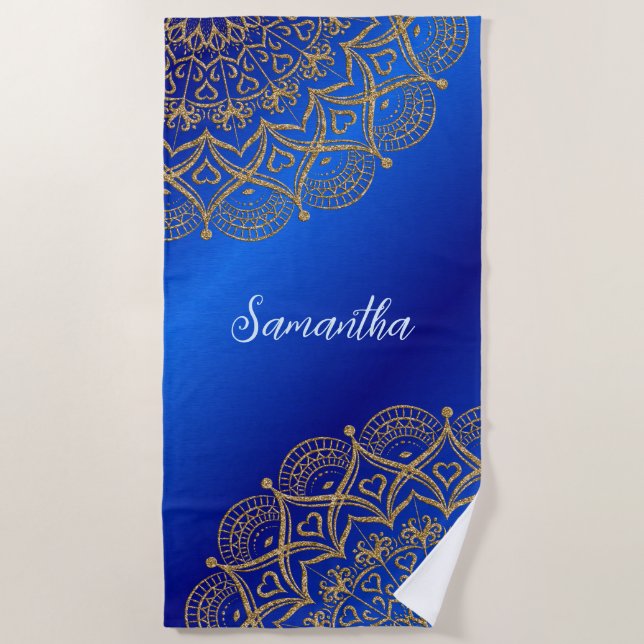 Toalla De Playa Nombre personalizado Royal Blue y Gold Mandala Ele (Anverso)