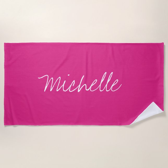 Toalla De Playa Nombre personalizado Sólido Magenta Rosa (Anverso)