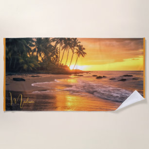 Toalla De Playa Nombre personalizado Sunset de playa tropical