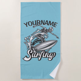Toalla De Playa NOMBRE Personalizado Surfista Big Wave Skeleton Su