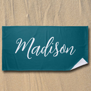 Toalla De Playa Nombre personalizado Teal de moda escrito a mano