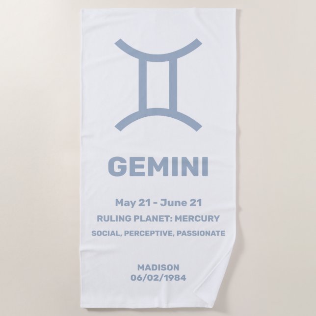 Toalla De Playa Nombre personalizado / Texto Rótulo zodiaco Gemini (Anverso)