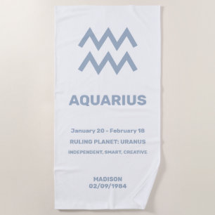 Toalla De Playa Nombre personalizado / Texto Zodiac Rótulo Acuario