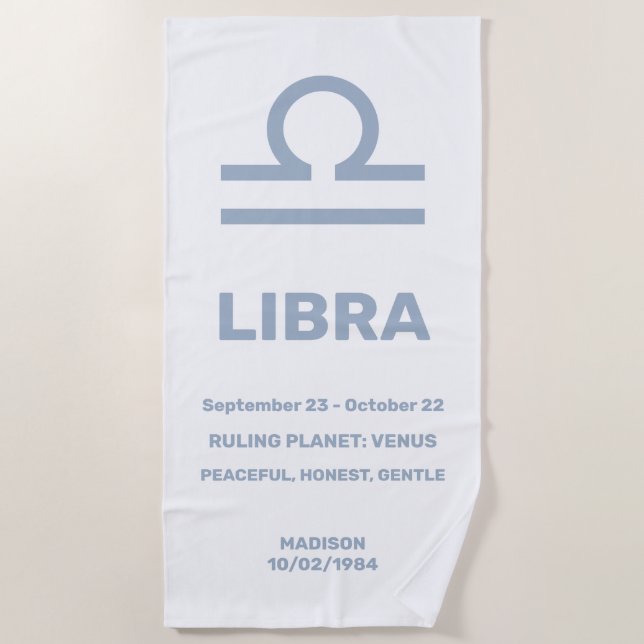 Toalla De Playa Nombre personalizado / Texto Zodiac Rótulo Libra (Anverso)
