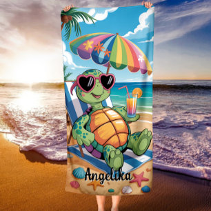 Toalla De Playa Nombre personalizado Tortuga Relajada y ambiente d