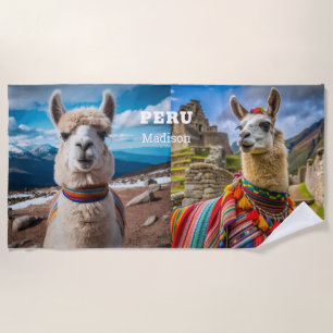 Toalla De Playa Nombre personalizado y texto Llama a Perú