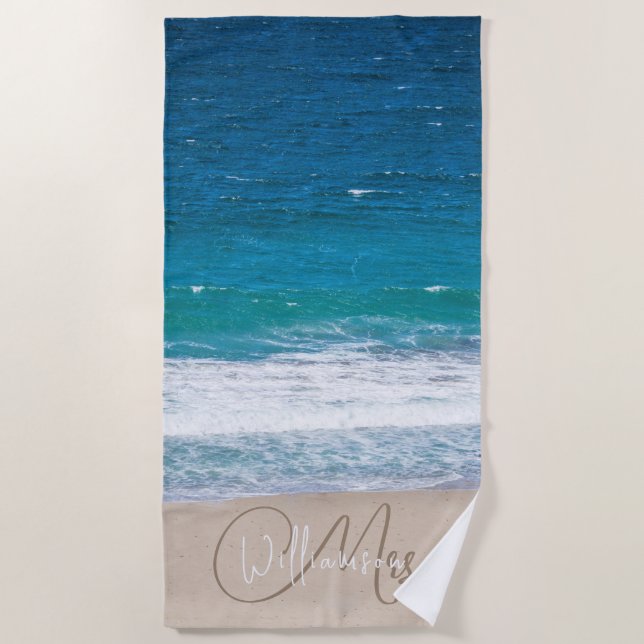 Toalla De Playa Nombre tropical Blue Beach Waves Boda (Anverso)