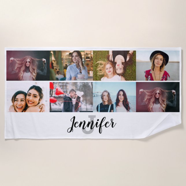 Toalla De Playa Nombre y monograma personalizados de Collage de fo (Anverso)