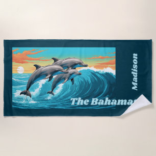 Toalla De Playa Nombre y ubicación personalizados delfín