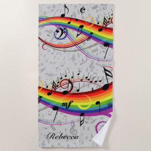 Toalla De Playa Notas musicales negras del arco iris sobre gris