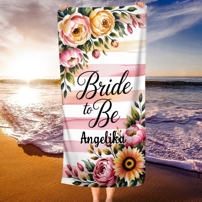 Toalla De Playa Novia para ser franjas rosadas y soltera floral (Subido por el creador)