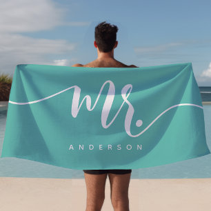 Toalla De Playa Novio recién casado personalizado señor azul turqu