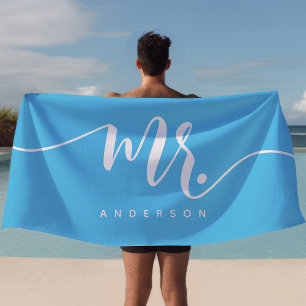 Toalla De Playa Novio recién casado personalizado Sr Azul y Blanco