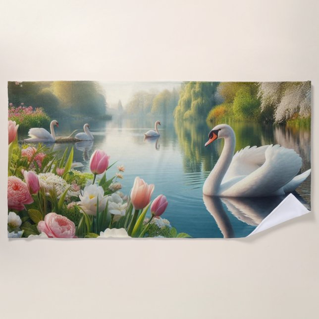Toalla De Playa Obra artística de primavera de lagos de cisne flor (Anverso)